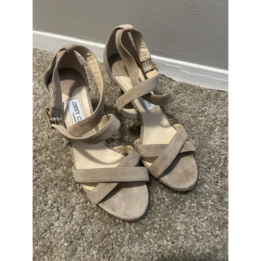Jimmy Choo Beige Suede Strappy Sandals Heels Size 9.5 EU 40 Made in Italy
